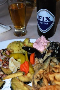 Fried fish and Greek beer
